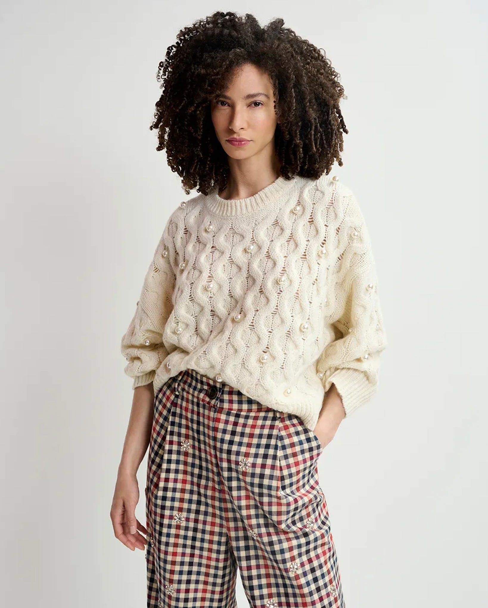Essentiel Antwerp Essential Antwerp Cable Knitted Sweater Pearl Embellishments Size S / US 4 / IT 40 - 2 Thumbnail