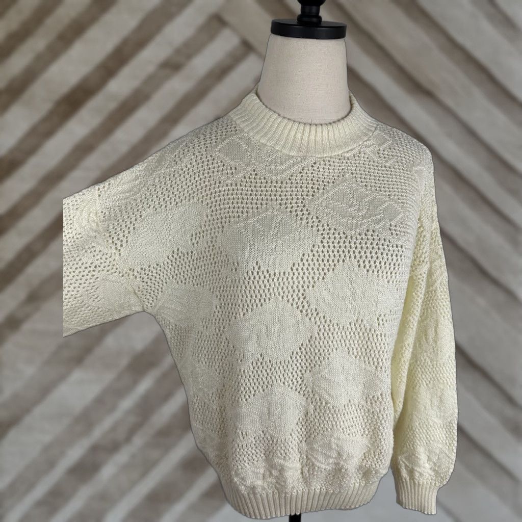 Vintage VINTAGE Unbranded Sweater Womens Open Knit Ivory Crewneck 80s 90s Geometric Long Sleeve Medium Size M / US 6-8 / IT 42-44 - 1 Thumbnail