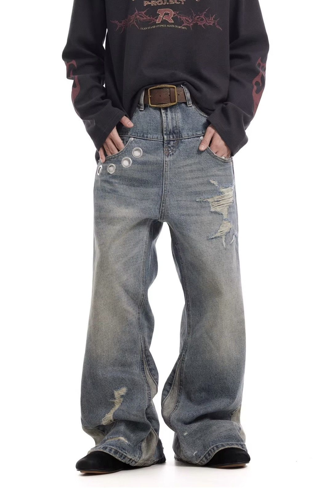 Jean Vintage Washed Distressed Splicing Flared Jeans Size US 30 / EU 46 - 2 Thumbnail