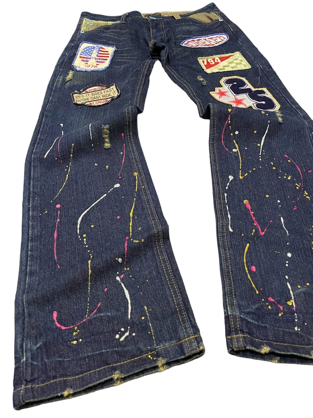 Point Loma Japan Patched Distressed Paint Splatter Jeans