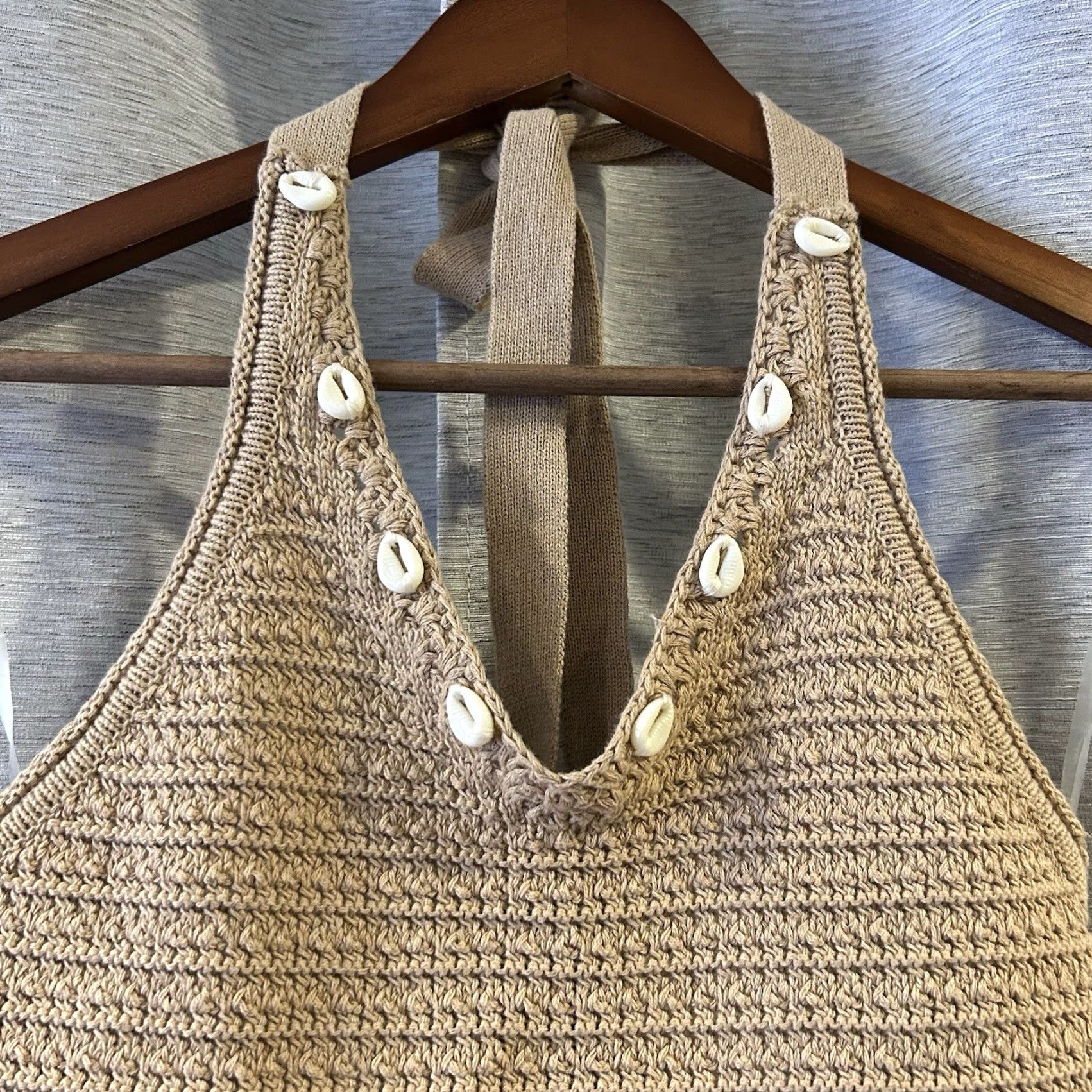 Vintage francesca's Tank Shirt Women Beach Knit V-Neck 100% Cotton Beige S Sleeveless Crochet Open Knit Size S / US 4 / IT 40 - 3 Thumbnail