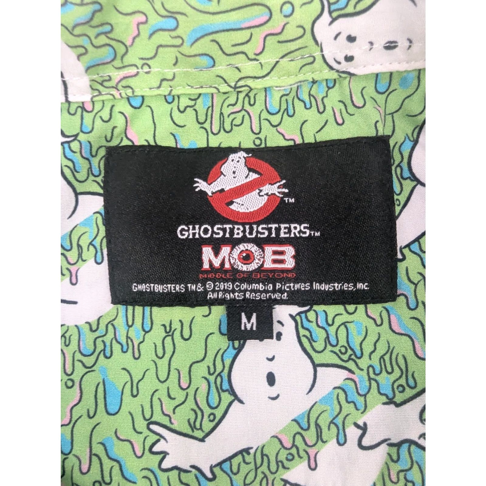 Vintage Middle of Beyond Ghostbusters Button-Up Shirt Men's M Green Graphic Print Cotton Short Sleeve Casual Trimmed Collar Mens Size US M / EU 48-50 / 2 - 7 Thumbnail
