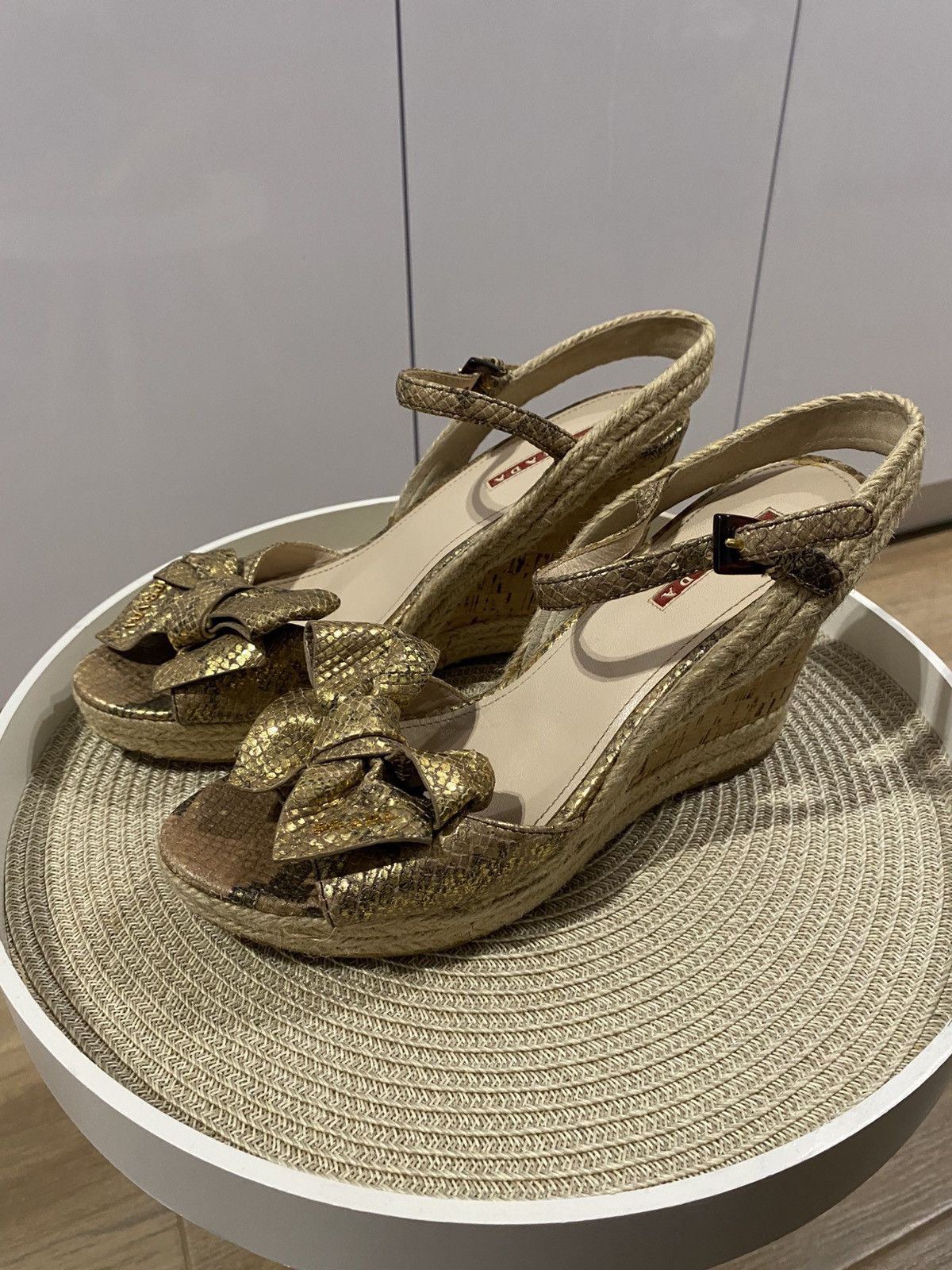 Prada Prada Bow Sandals with Ankle Strap Gold Snakeskin Leather Size US 11 / IT 41 - 18 Thumbnail