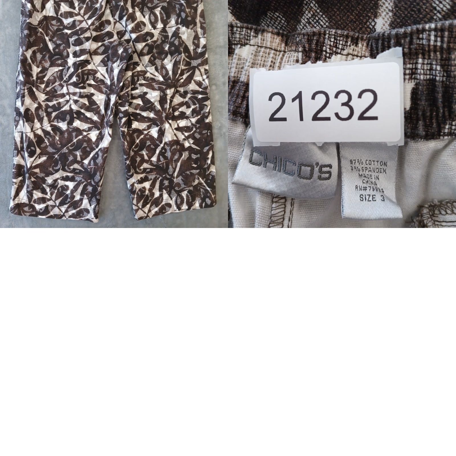 Vintage Chico's Capri Pants Womens Regular Size 3 Gray Floral Cotton Blend Wide-Leg Pockets Credit: 22" Inseam Size 26" / US 2 / IT 38 - 8 Thumbnail
