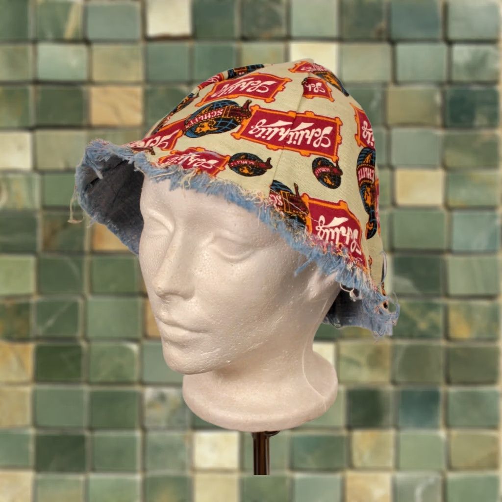 Vintage Schlitz 60s Bucket Hat Mens VTG 1960s AOP Reversible Outdoor Yellow Cotton Bucket Hat Men’s/Adult Size ONE SIZE - 1 Thumbnail