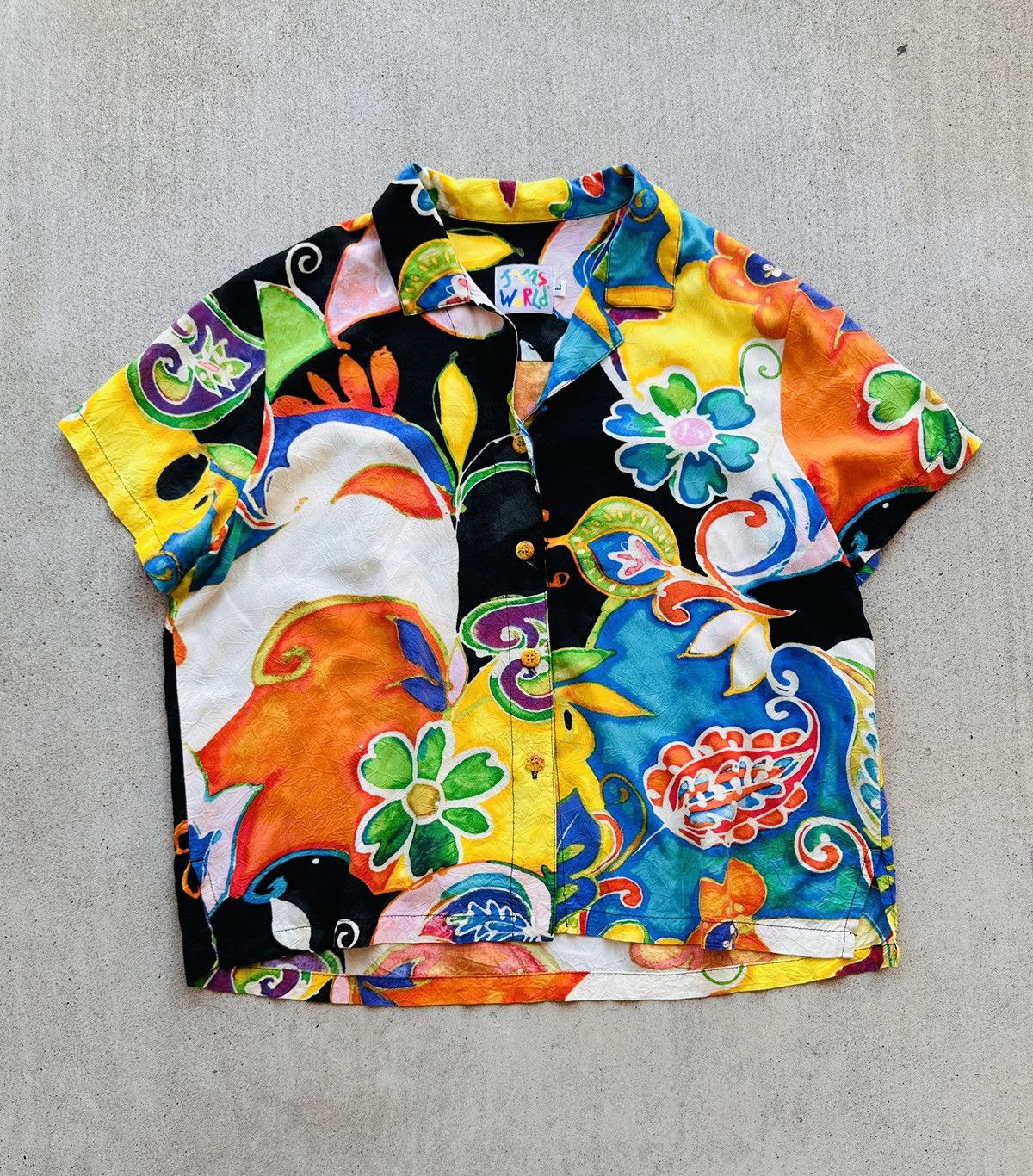 vintage JAMS WORLD MYSTERE PRINT TOP Rayon L Hawaiian button