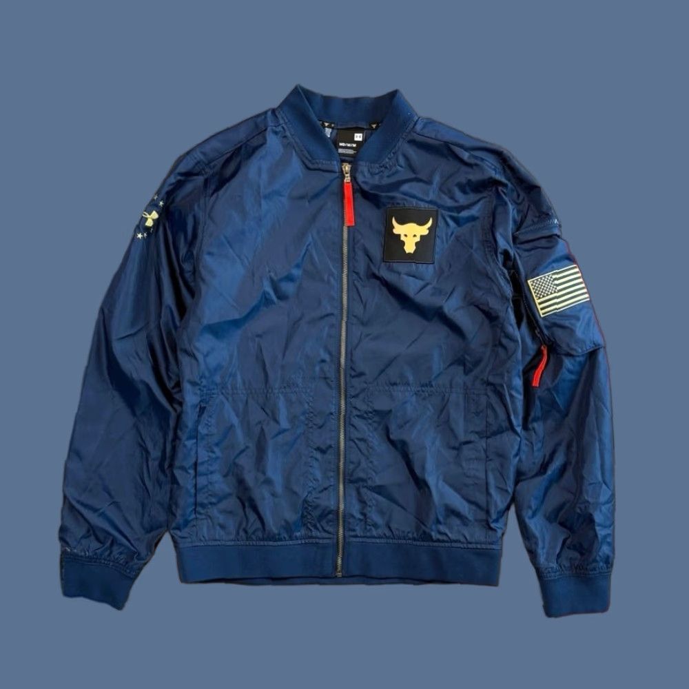 Under Armour Under Armour Project Rock Navy Veterans Day Respect Freedom Jacket Mens M Blue Bomber Jacket Zip Regular Coat Size US M / EU 48-50 / 2 - 1 Thumbnail