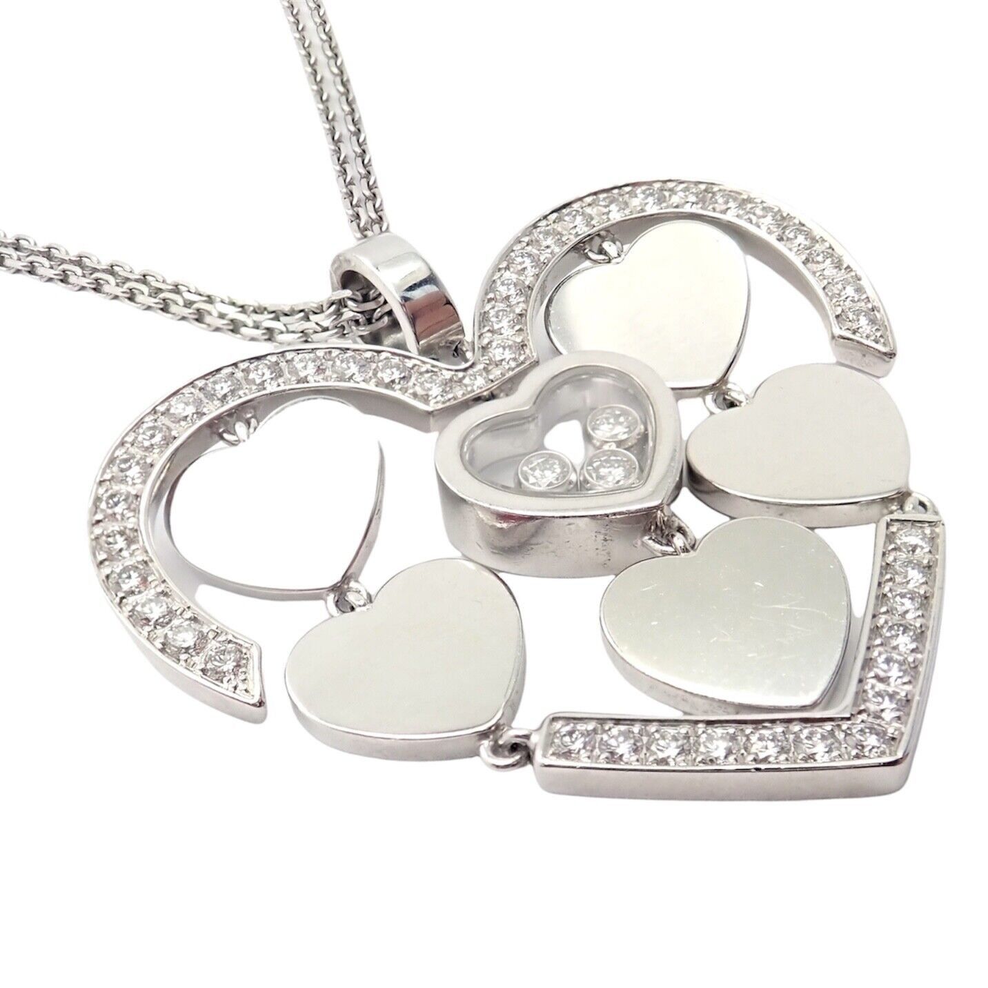18k White Gold Large Double Happy Hearts Diamond Necklace