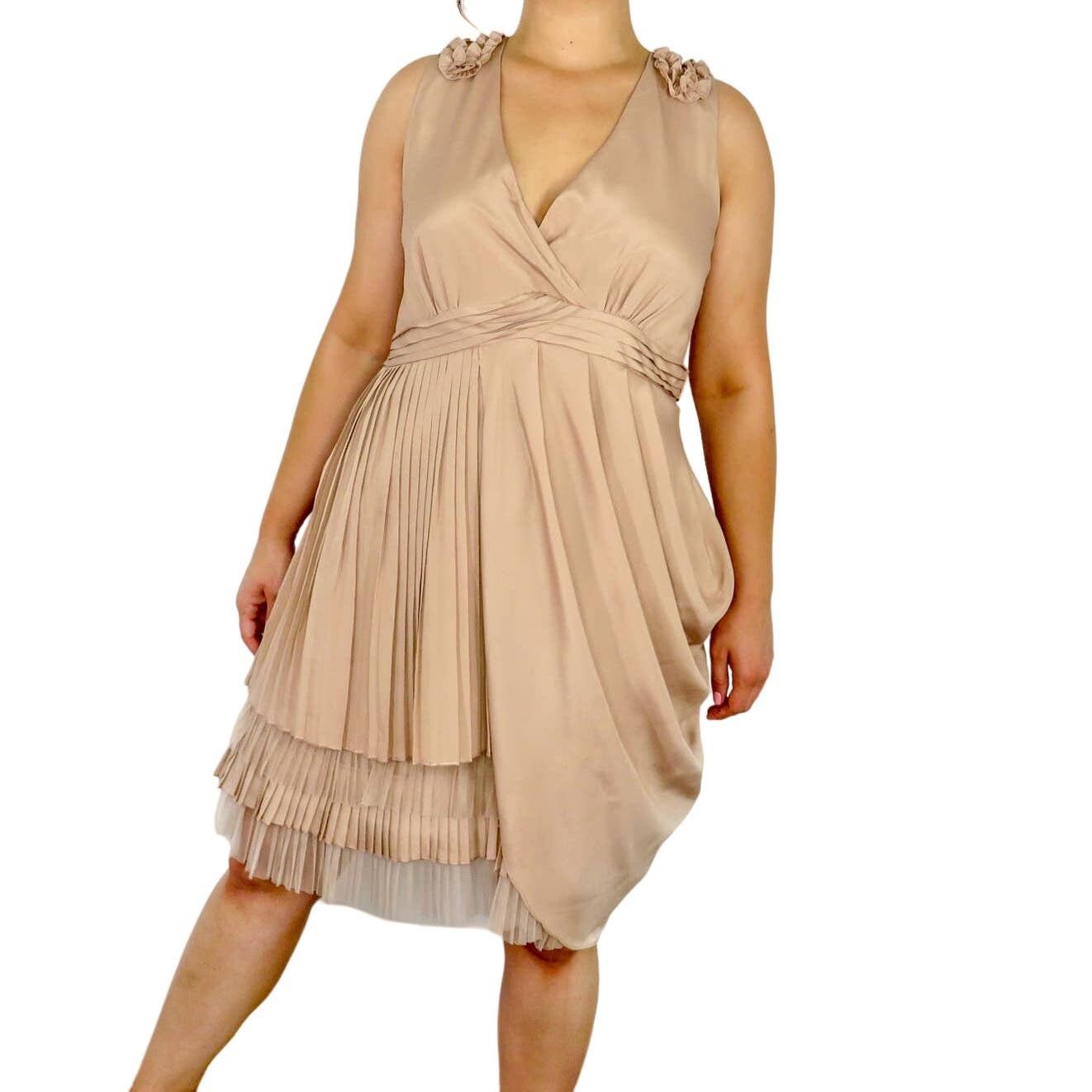 Anthropologie Anthro Ryu Tan Pleated Cocktail Midi Dress Large Size L / US 10 / IT 46 - 1 Thumbnail