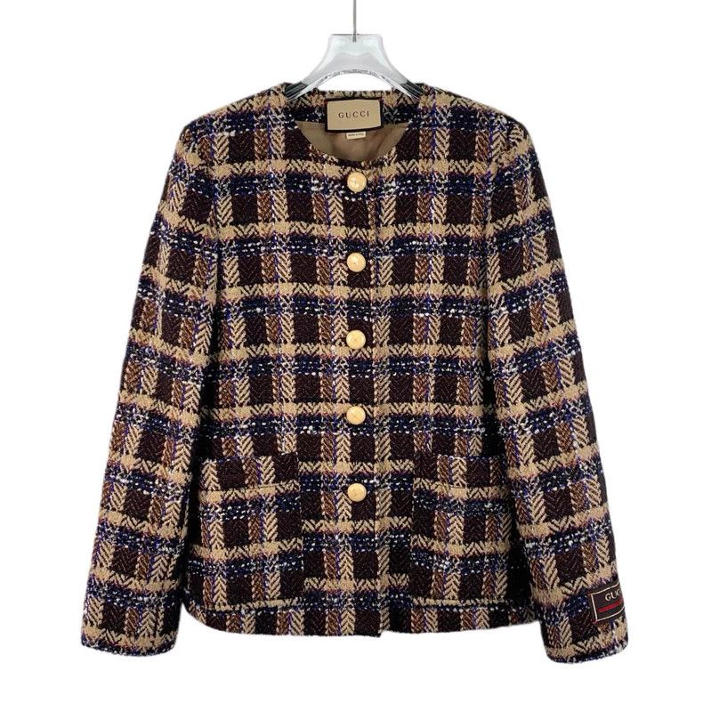 Gucci Dark brown plaid wool round neck single-breasted lon
