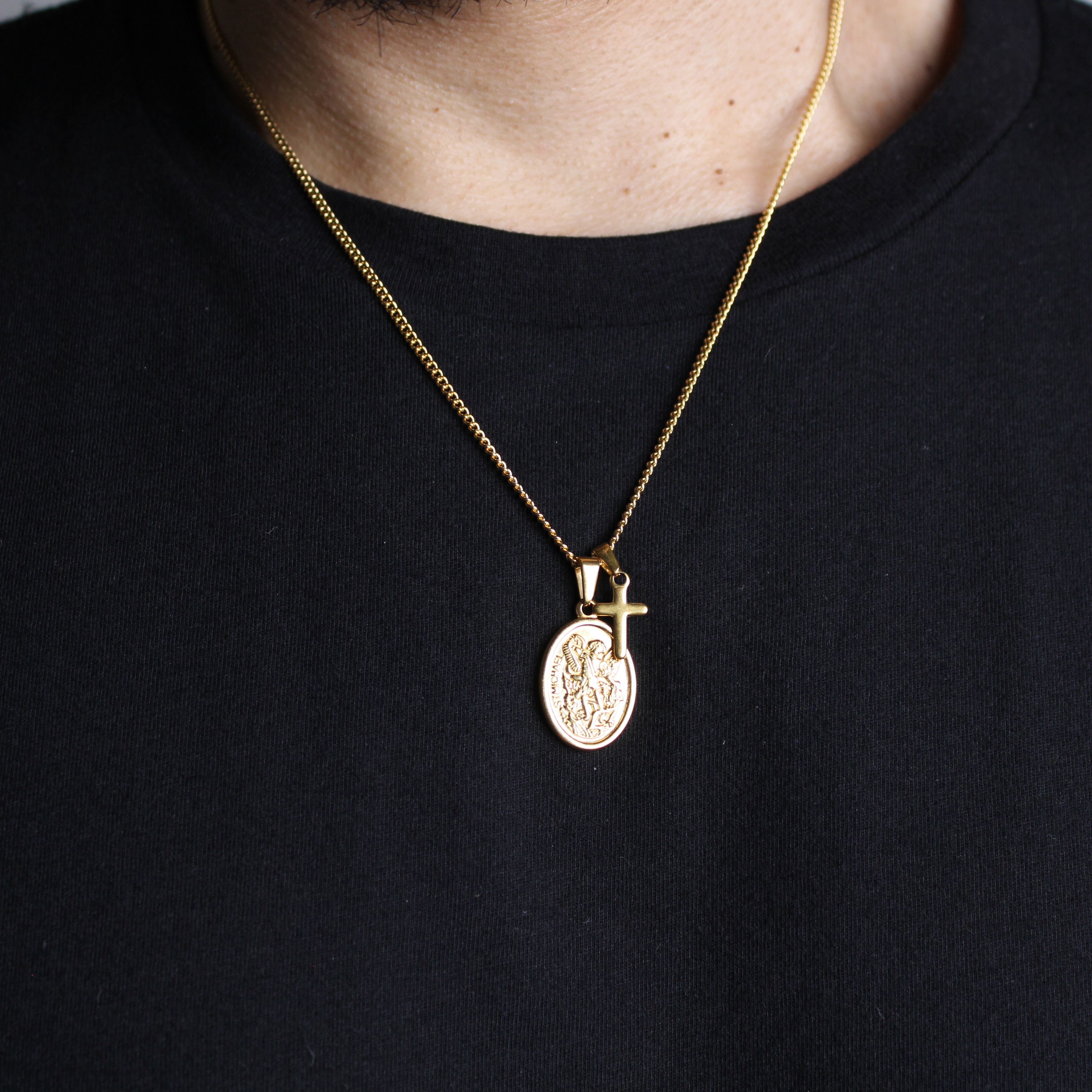 Jewelry Gold Saint Michael and Mini Cross Pendant Necklace Set Size ONE SIZE - 2 Thumbnail