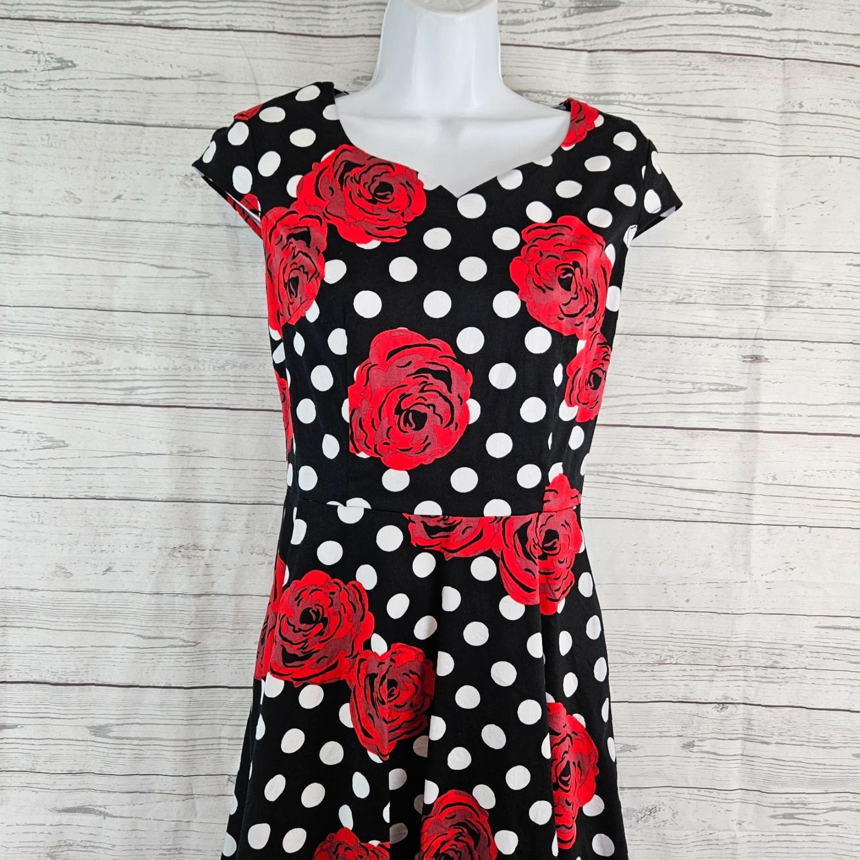 Vintage Dress Tells Womens Dress S Black Red Floral Polka Dot Cotton Short Sleeve Zip Knee Length Fit & Flare Summer Spring Womens Dress Tells Size S / US 4 / IT 40 - 2 Thumbnail