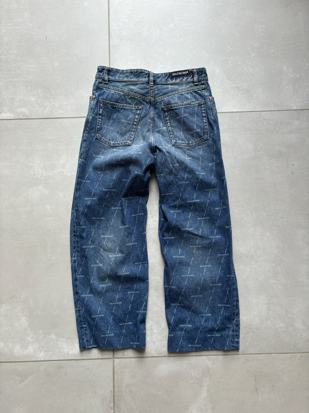image of Balenciaga Logo Print Baggy Jeans in Blue, Men's (Size 28)