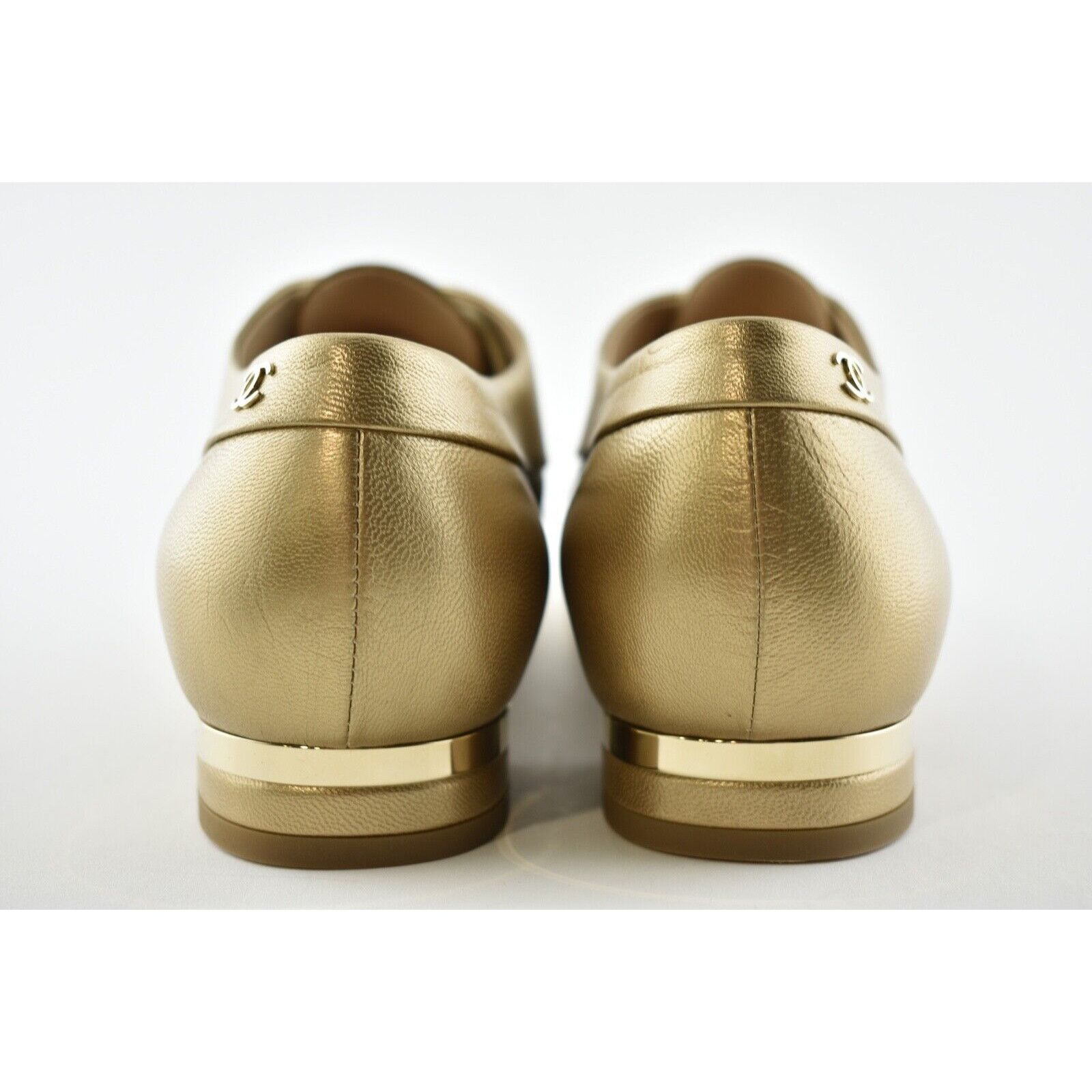 Chanel 15A Gold Lace Up Tie Leather Pearl CC Oxford