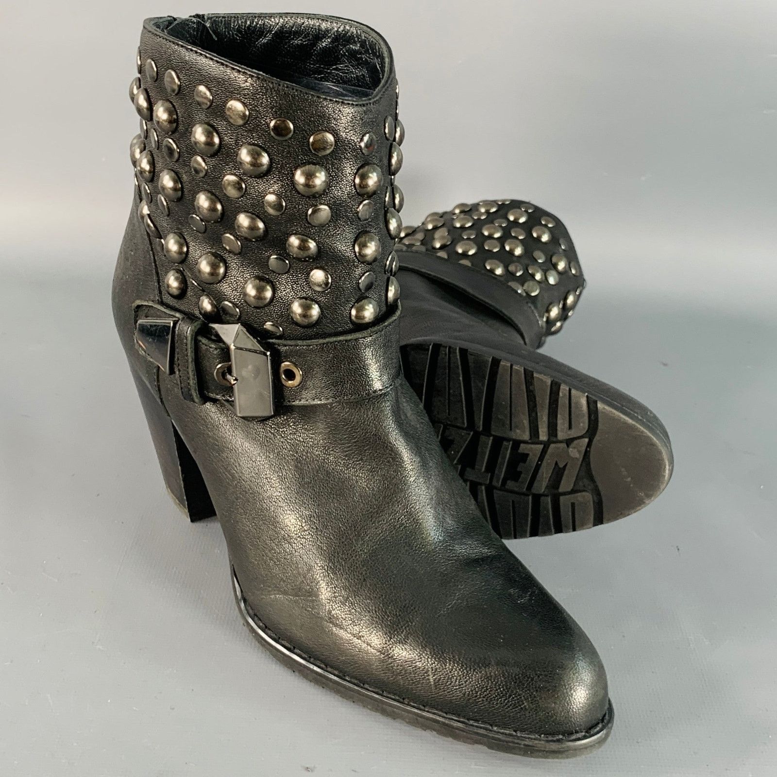 Stuart Weitzman 7 Black Leather Studded Zip Belted Ankle Booties Size US 7 / IT 37 - 5 Thumbnail