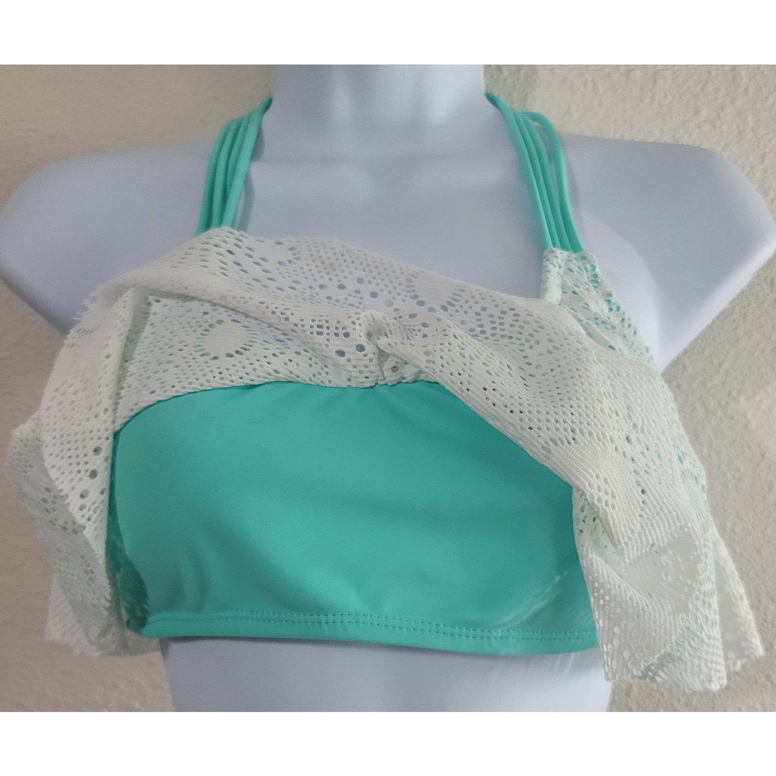 Other Trillium Teal White Lace Flounce Halter Bikini Top Medium Size ONE SIZE - 2 Thumbnail