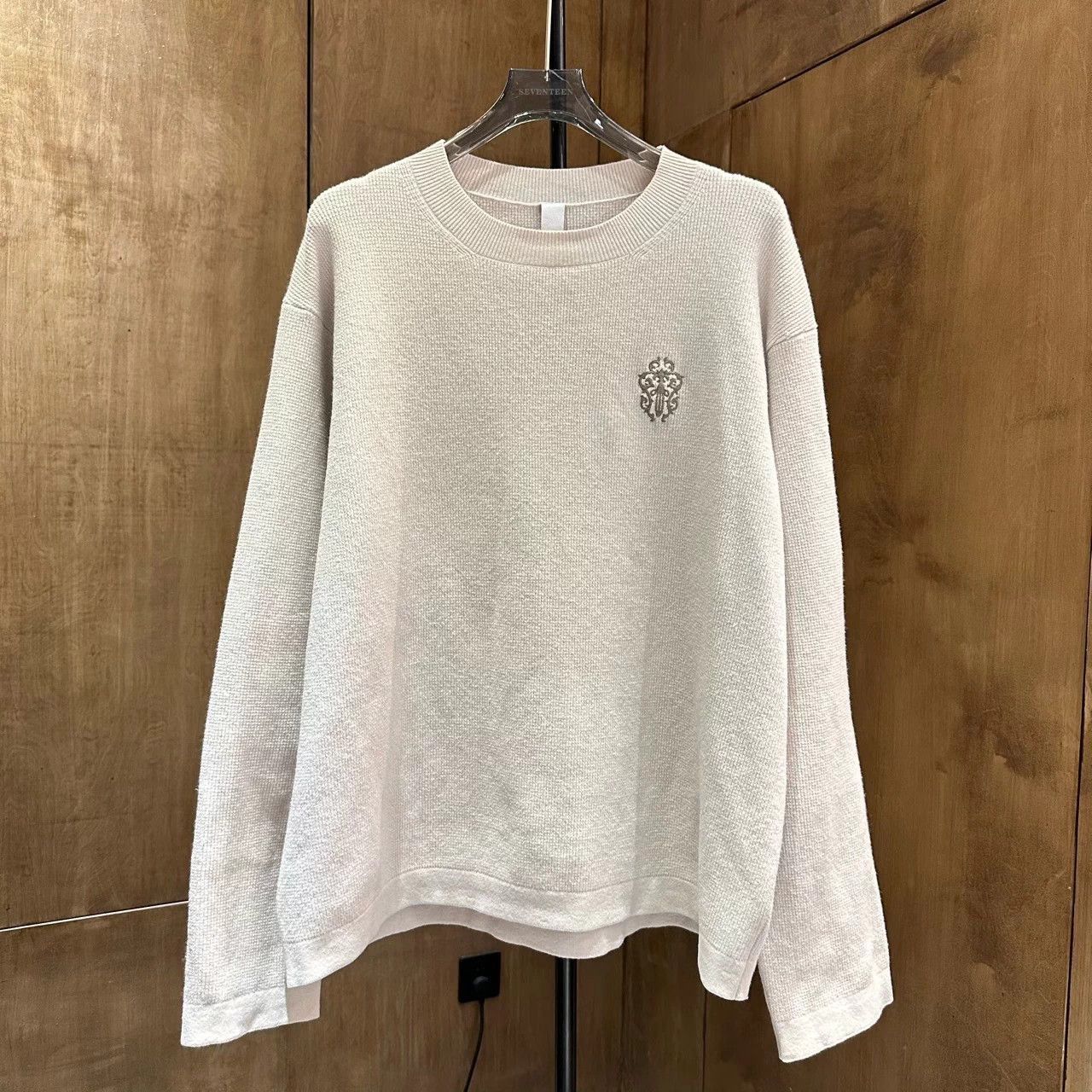 Beige XL Long Sleeve Knit Sweater with Emblem