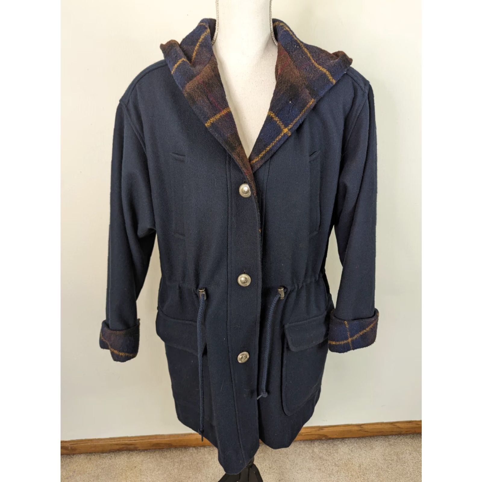 Vintage VINTAGE Jofeld Blue Plaid Hooded Wool Coat Jacket Medium Parka Relaxed Fit Womens Coat Size M / US 6-8 / IT 42-44 - 2 Thumbnail