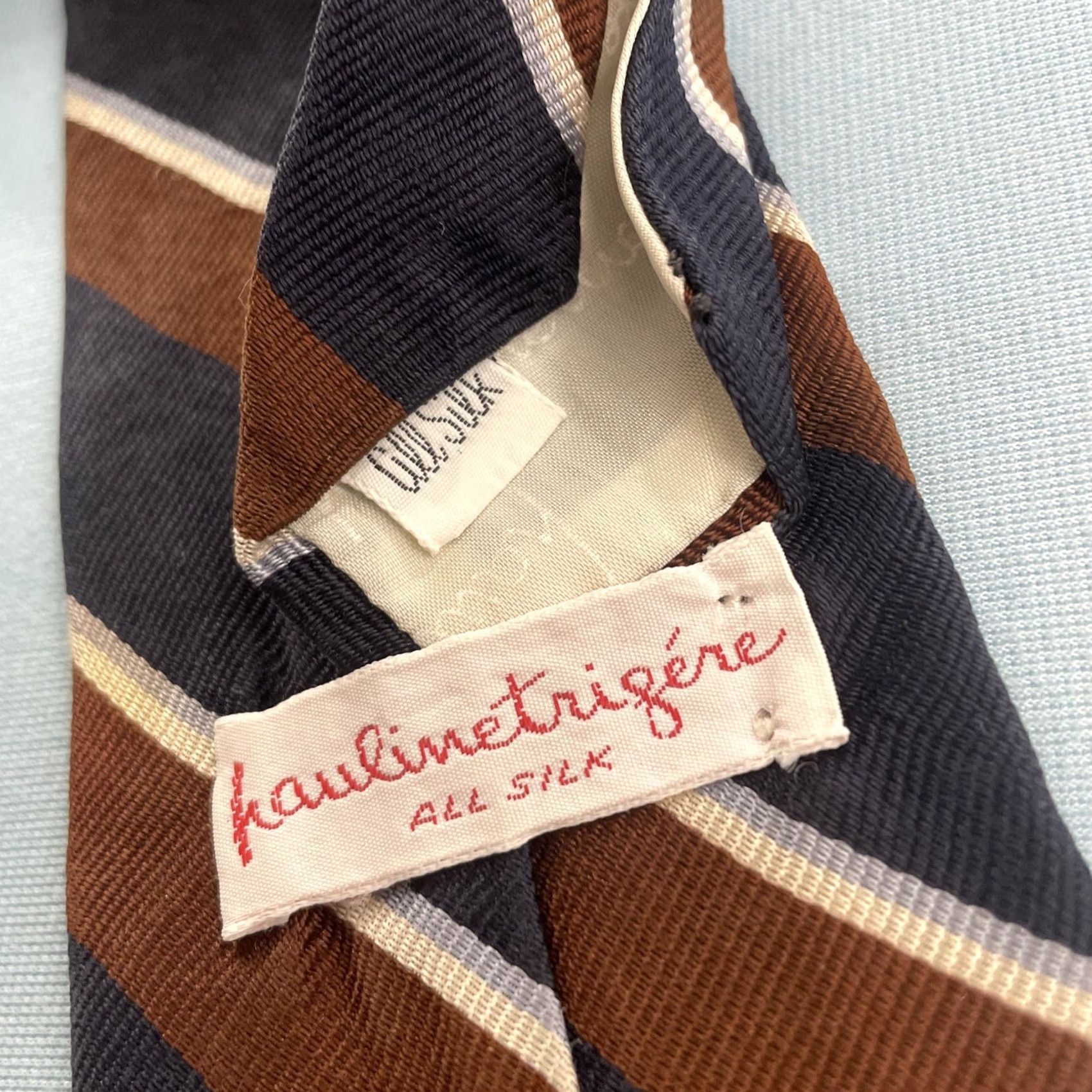 Vintage VINTAGE Pauline Trigère Silk Repp Tie Striped Navy Brown White 60" 3.2" Tie Mens 70s Designer Capstone Capsule Neckwear Size ONE SIZE - 6 Thumbnail