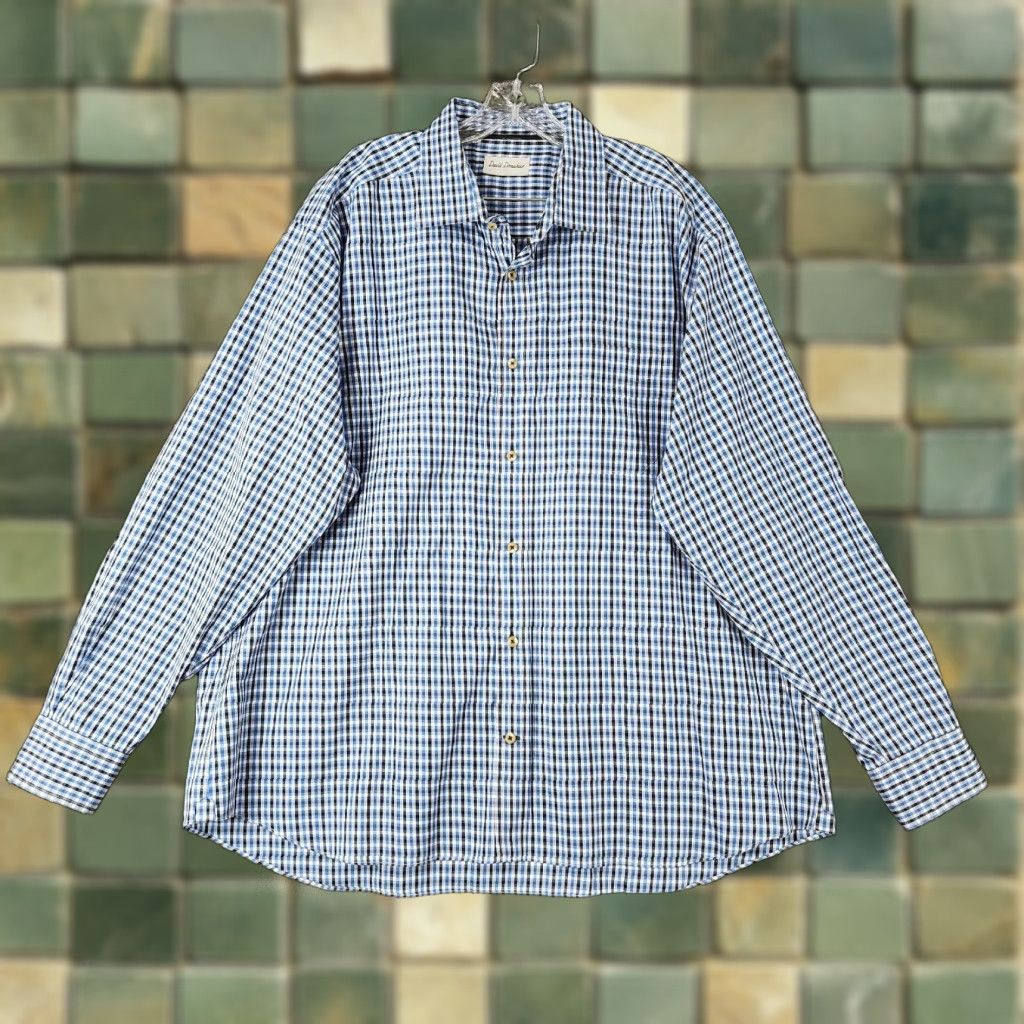 David Donahue VINTAGE David Donahue Mens Long Sleeve Dress Shirt 2XL Blue Plaid Cotton Men Size 48R - 1 Thumbnail