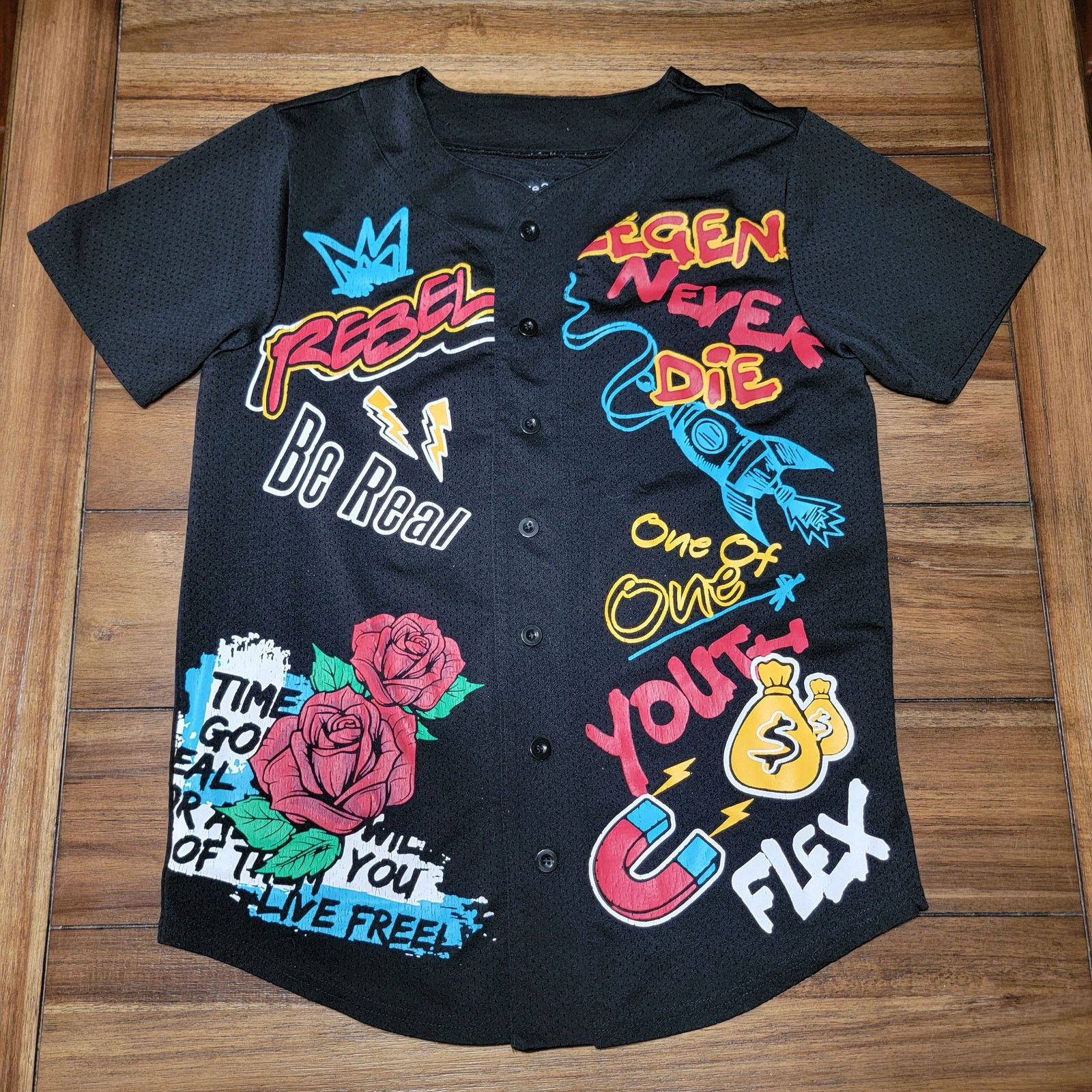rue21 Rue 21 Unisex Mesh Full Button Top w/ "Rebel" Graffiti - Sm Size S / US 4 / IT 40 - 1 Thumbnail