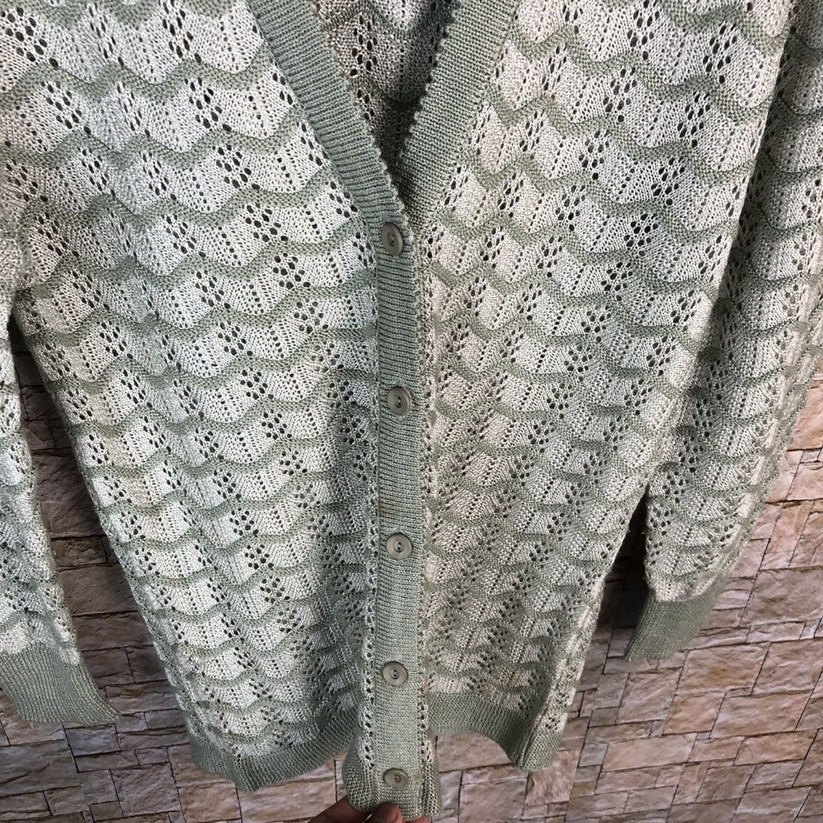 Homespun Knitwear × Japanese Brand Japan vintage Green crochet meshnet Cardigan Knitwear #A1050 Size S / US 4 / IT 40 - 9 Thumbnail