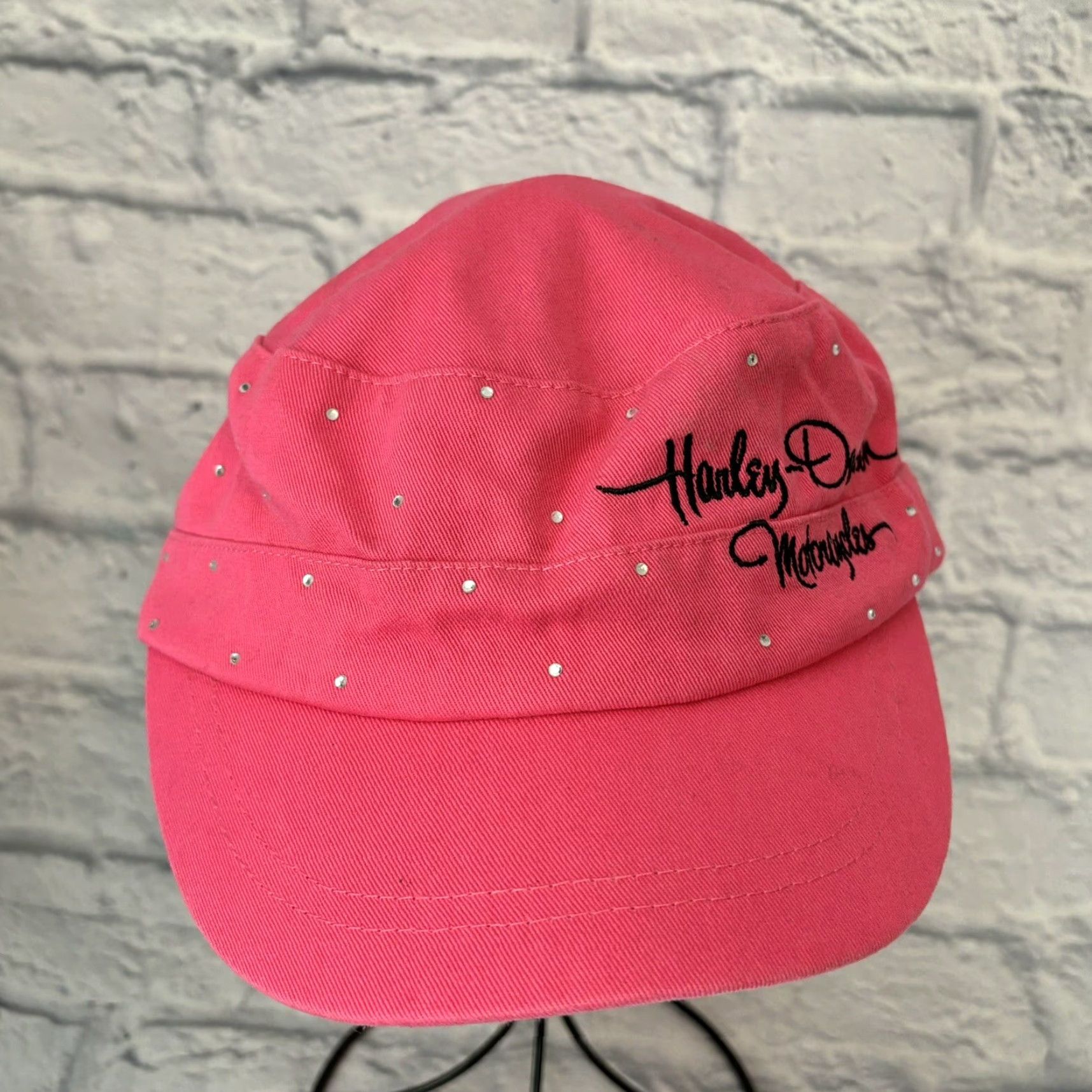 Harley Davidson VINTAGE Harley-Davidson Hat Bling Pink Rare Rhinestone Cap One Size Women's Newsboy Cap Size ONE SIZE - 3 Thumbnail
