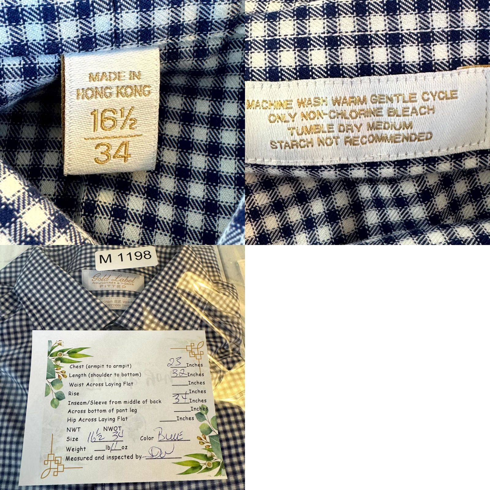 Roundtree & Yorke Gold Label Dress Shirt Blue Check 100% Cotton 16.5×34 Fitted Formal Shirt Men Regular Chest 46in Long Sleeve Button-Down Collared Vintage? No Size 46R - 9 Thumbnail