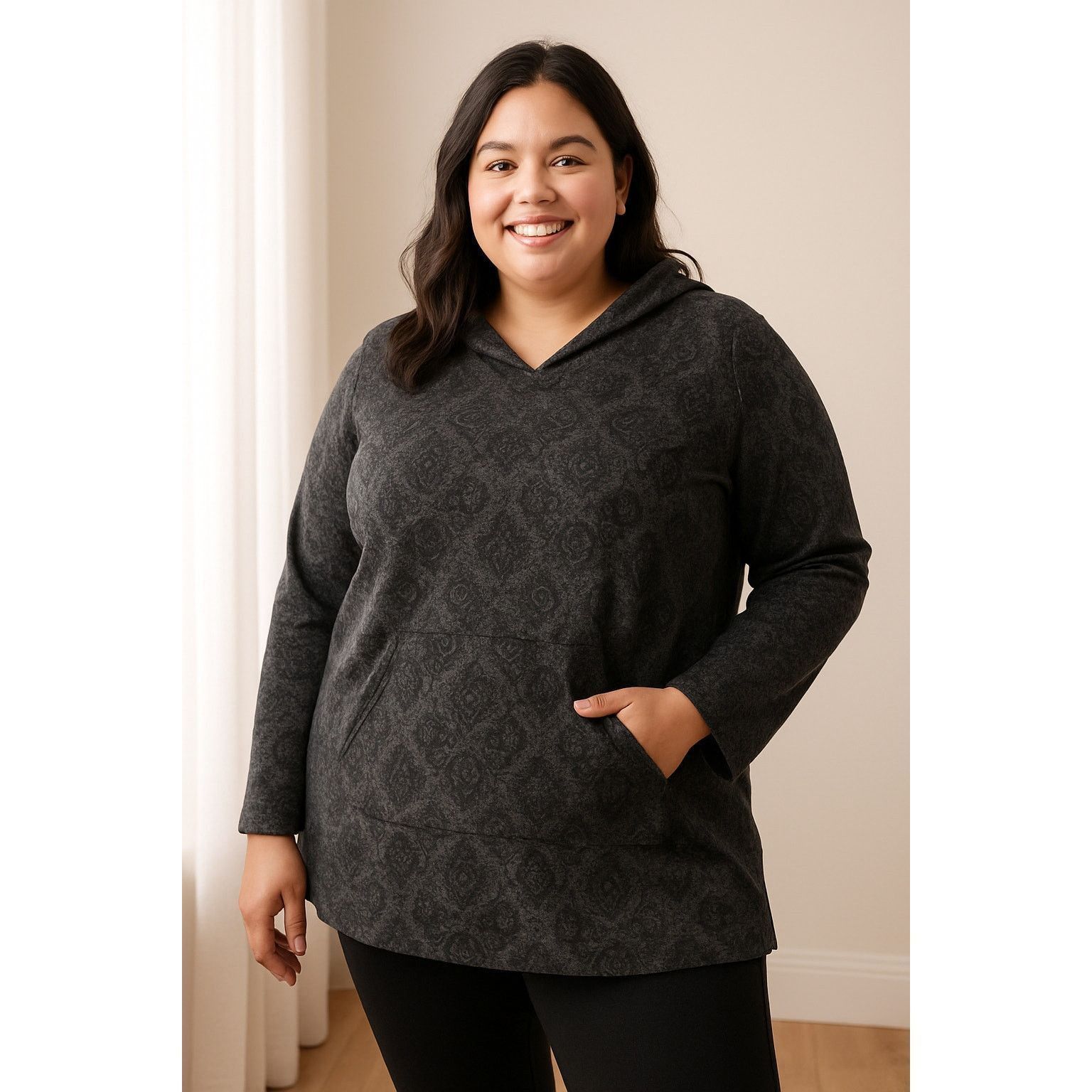 Other Casual Cozy Boho Print Hoodie Tunic Livi Black Gray 18/20 Size XXL / US 16-18 / IT 52-54 - 1 Thumbnail