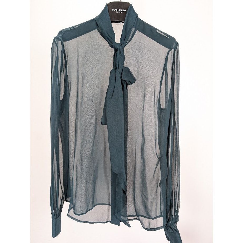 Saint Laurent Paris o1rshd1 Crepee De Soie Blouse in Canard Size M / US 6-8 / IT 42-44 - 2 Thumbnail