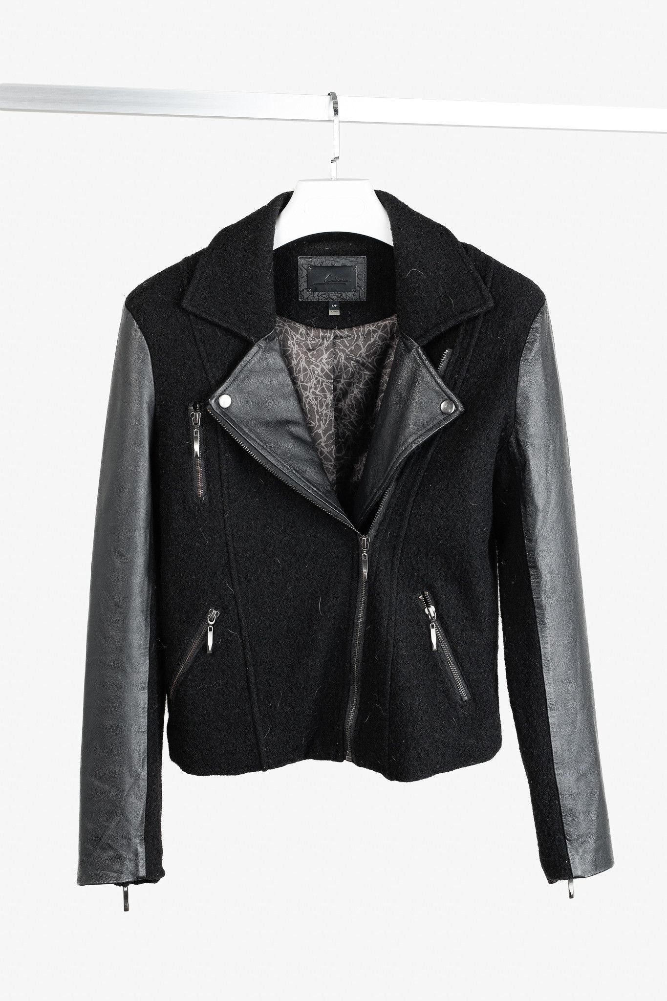 Other Line the Label Black Boiled Wool & Leather Moto Jacket Size S / US 4 / IT 40 - 1 Thumbnail