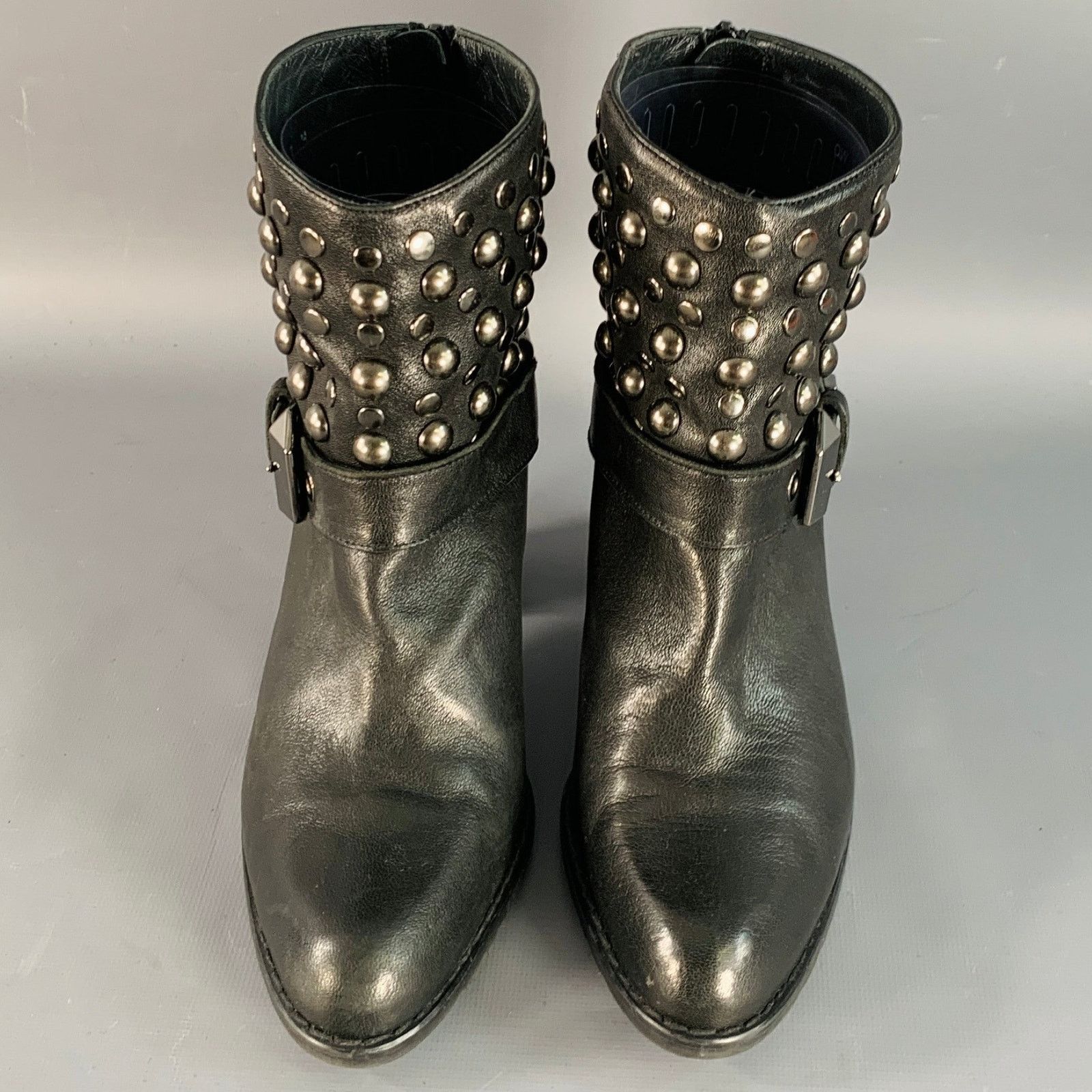 Stuart Weitzman 7 Black Leather Studded Zip Belted Ankle Booties Size US 7 / IT 37 - 4 Thumbnail