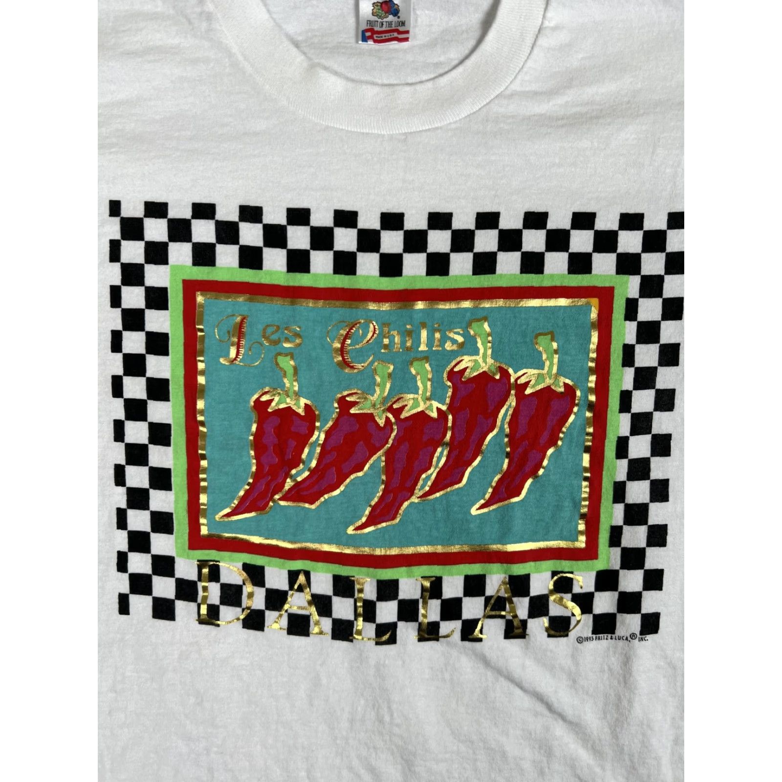 Fruit Of The Loom VINTAGE Les Chilis Shirt Mens XL White Dallas Chili Peppers Checkered 90s 1995 Graphic Print Crew Neck Short Sleeve Cotton T-Shirt Size US XL / EU 56 / 4 - 2 Thumbnail