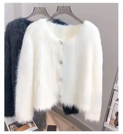 image of Vintage Imitation Mink Cashmere Knitted Cardigan Sweater in White, Women's