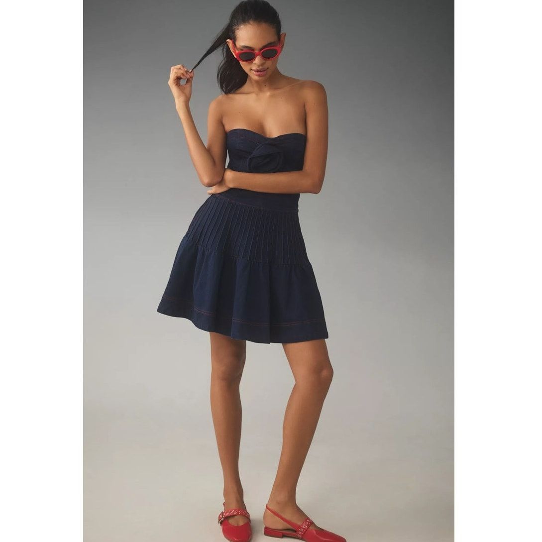 Anthropologie NWT Maeve Rosette Strapless Fit & Flare Denim Mini Dress Size XS / US 0-2 / IT 36-38 - 2 Thumbnail