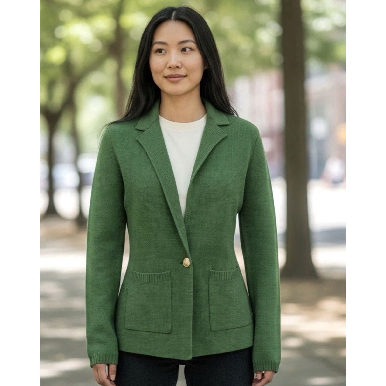 L'AGENCE L’AGENCE Lacey Knit Blazer Sz S/P Kelly Green Single Gold Button 2 Pocket Women Size S / US 4 / IT 40 - 2 Thumbnail