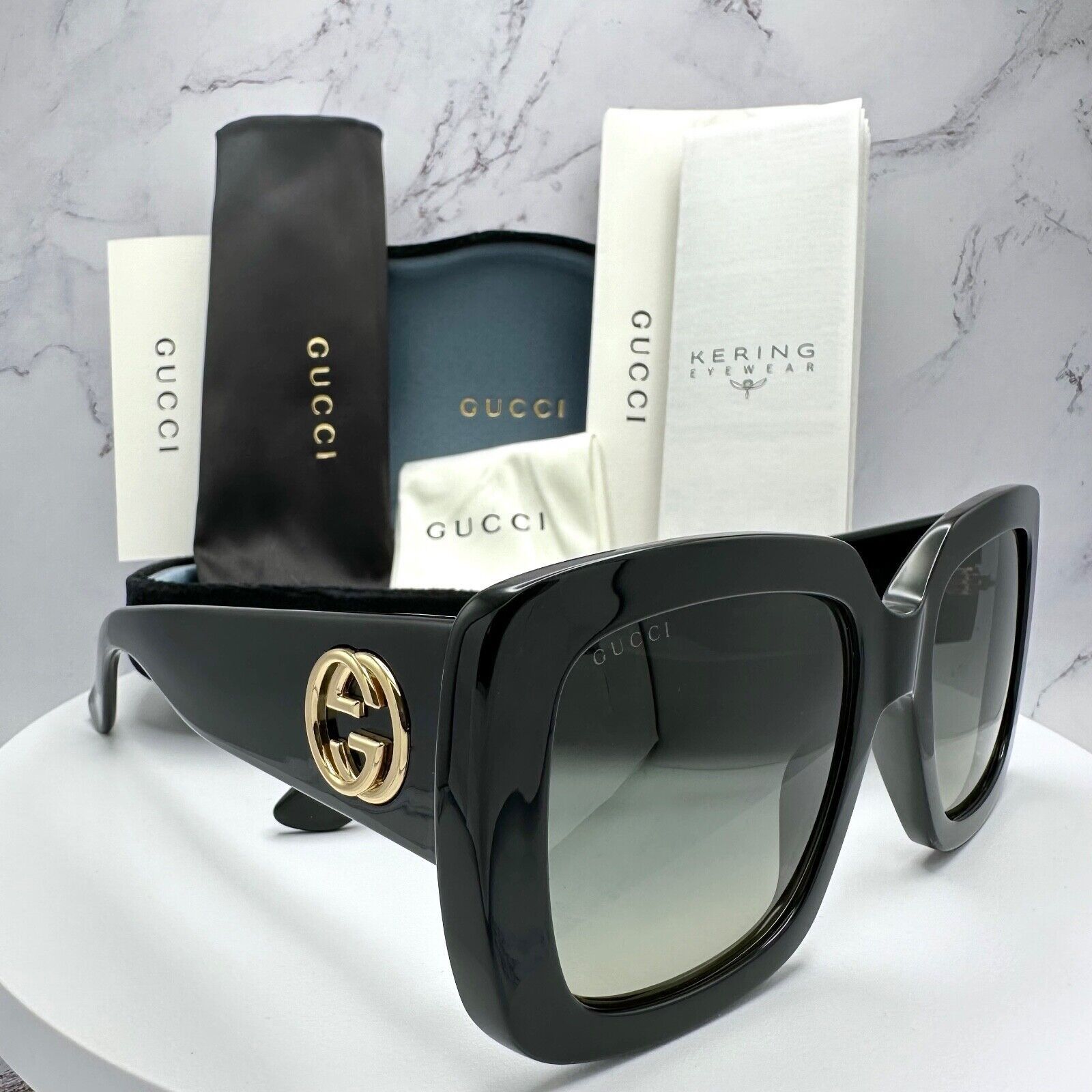 New Gucci Sunglasses New Black Gold GG Metal Logo Authentic
