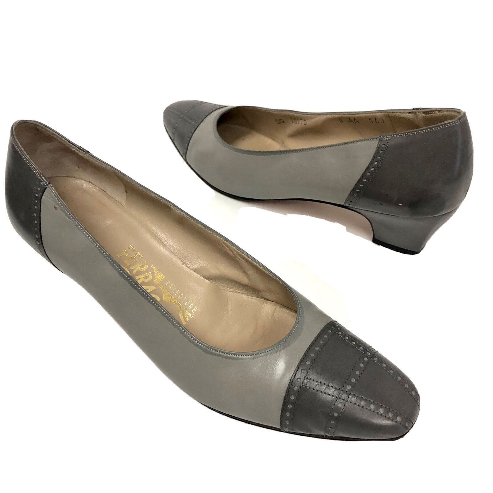 Salvatore Ferragamo Vtg Salvatore Ferragamo Italy Gray Leather CAP TOE Pumps Size US 8 / IT 38 - 1 Thumbnail