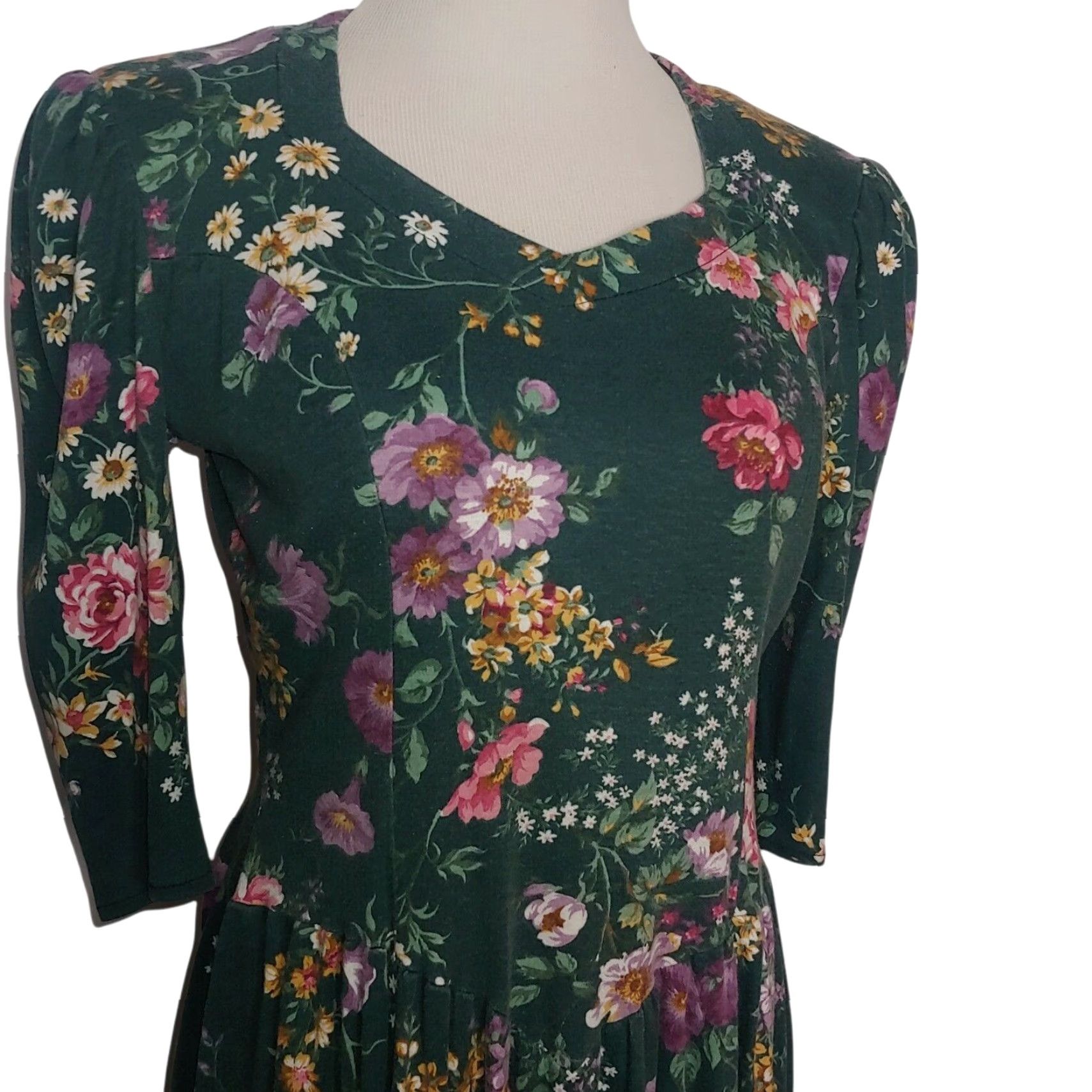 Vintage VINTAGE Scandels Dress Medium Green Floral Knit Cottagecore Drop Waist 1980s 1990s Womens Size M / US 6-8 / IT 42-44 - 2 Thumbnail