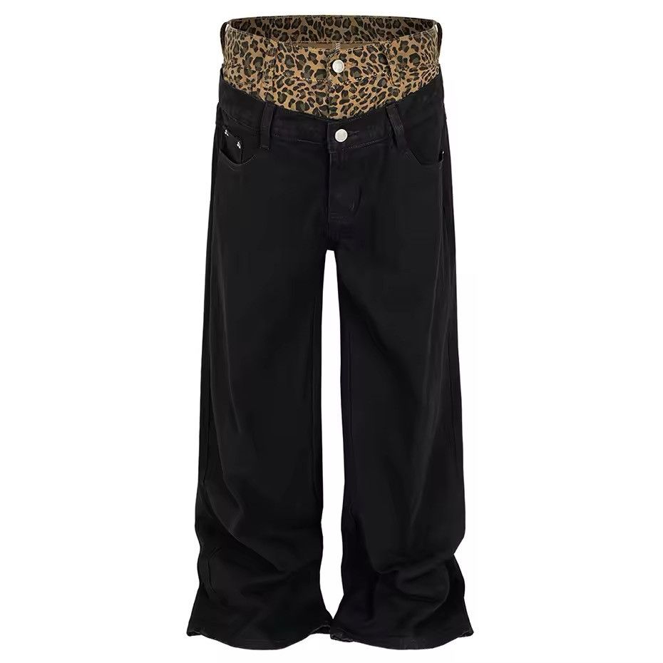 Designer × Japanese Brand × Vintage Fake Two Piece Leopard Patchwork Black Baggy Jeans Size US 27 - 1 Thumbnail