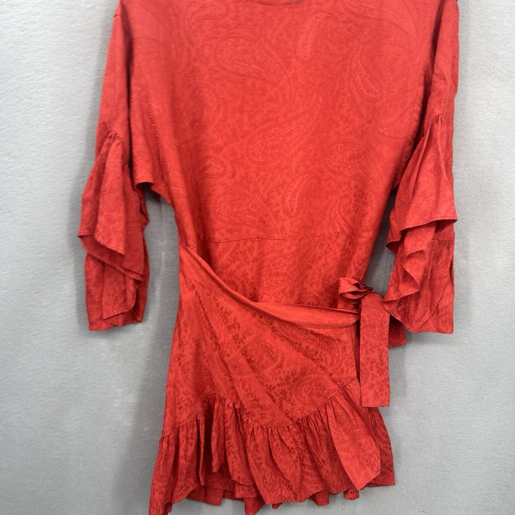 Maje Maje Ruffled Mini Dress Small Red Long Sleeve Round Neck Satin Casual Party Womens Size S / US 4 / IT 40 - 4 Thumbnail