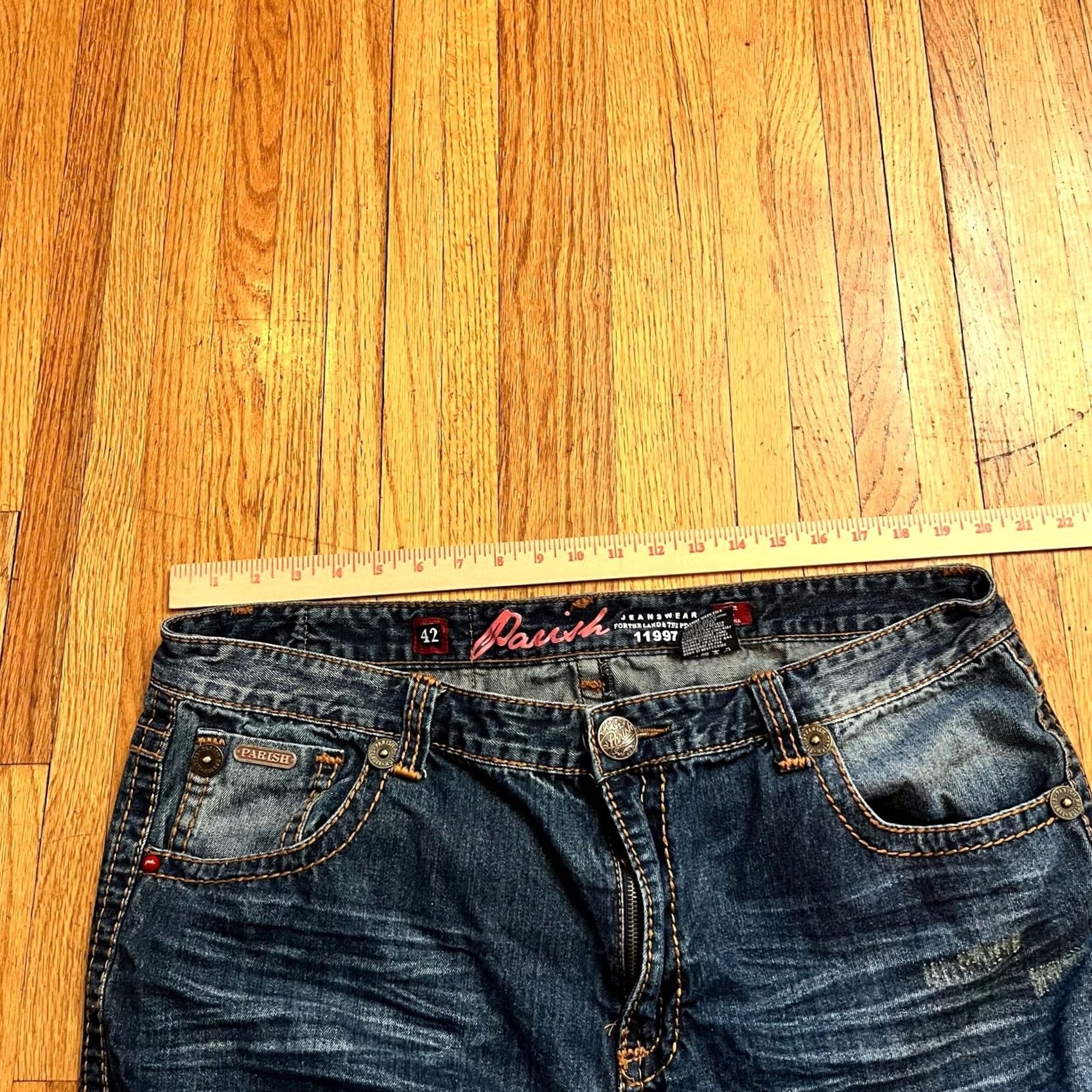 Vintage Parish Jeans Mens 42 Blue Baggy Thick Stitch Flap Pocket Skate Distressed Size US 42 / EU 58 - 7 Thumbnail