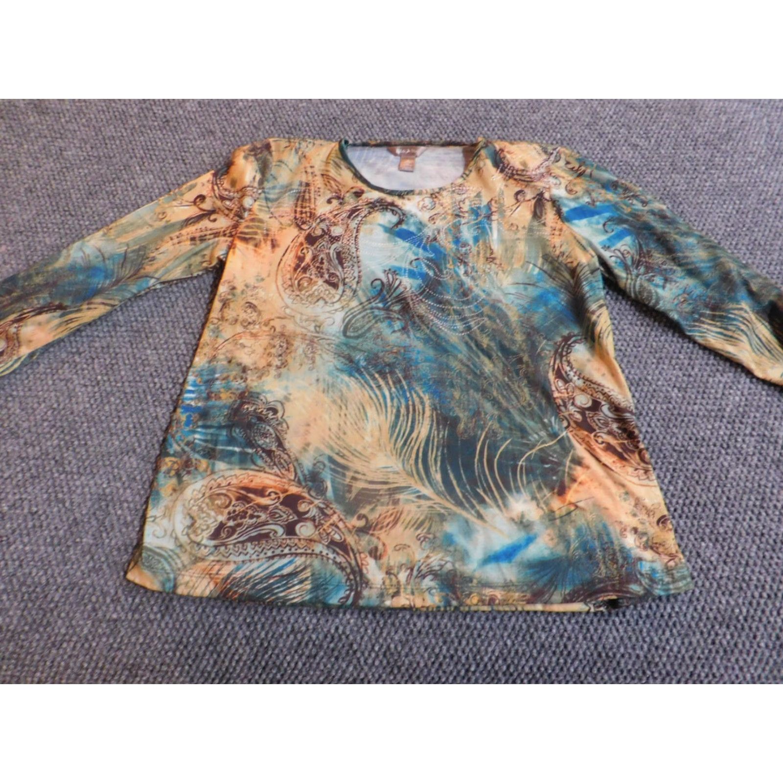 Vintage White Stag Blouse Womens Medium Green Stretch Crew Neck Long Sleeve Pullover Ruffle Floral Casual Polyester Rayon Basic Size M / US 6-8 / IT 42-44 - 2 Thumbnail