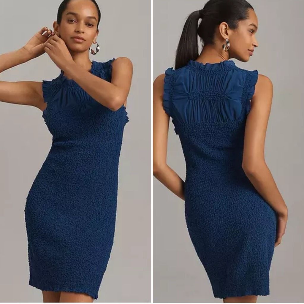 Anthropologie By Anthropologie Mock-Neck Textured Dress Smocked Ruched Ruf Size M / US 6-8 / IT 42-44 - 1 Thumbnail
