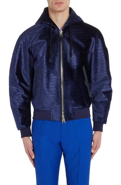 image of Tom Ford O1W1Db10124 Velvet Hooded Bomber Jacket In Blue, Men's (Size XL)