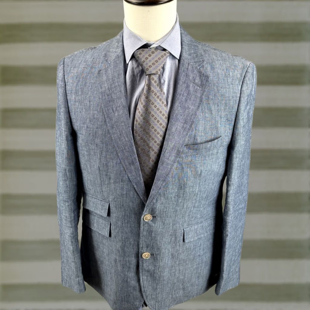 Joseph Abboud Joseph Abboud Sport Coat Blazer Mens Small Blue 100% Linen Unstructured Jacket Check Pattern Size 36R - 1 Thumbnail