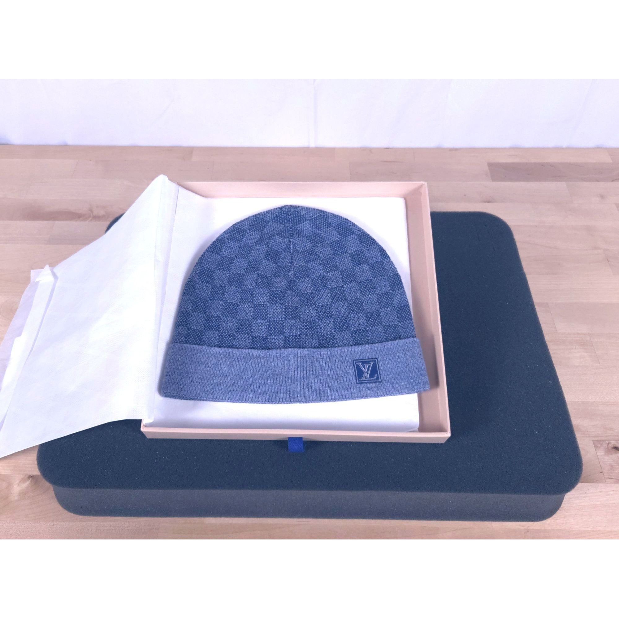 Louis Vuitton Damier Graphite Blue Wool Beanie Hat New