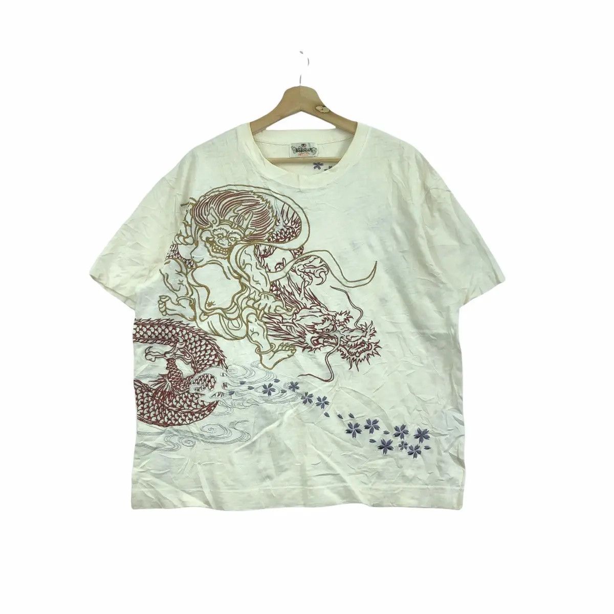 Vintage Vtg KARAKUMI FUJIN RAIJIN Dragon Ryu Tee Shirt Sukajan Size US XL / EU 56 / 4 - 1 Thumbnail