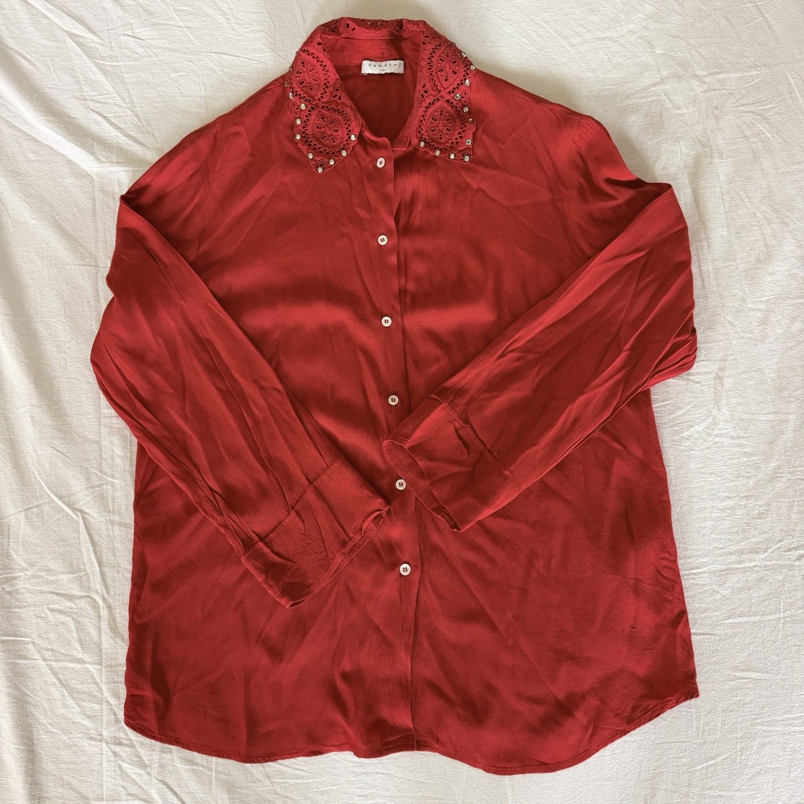 Sandro Sandro Paris Red Embellished Collar Blouse Sz 2 100% Viscose Size M / US 6-8 / IT 42-44 - 12 Thumbnail