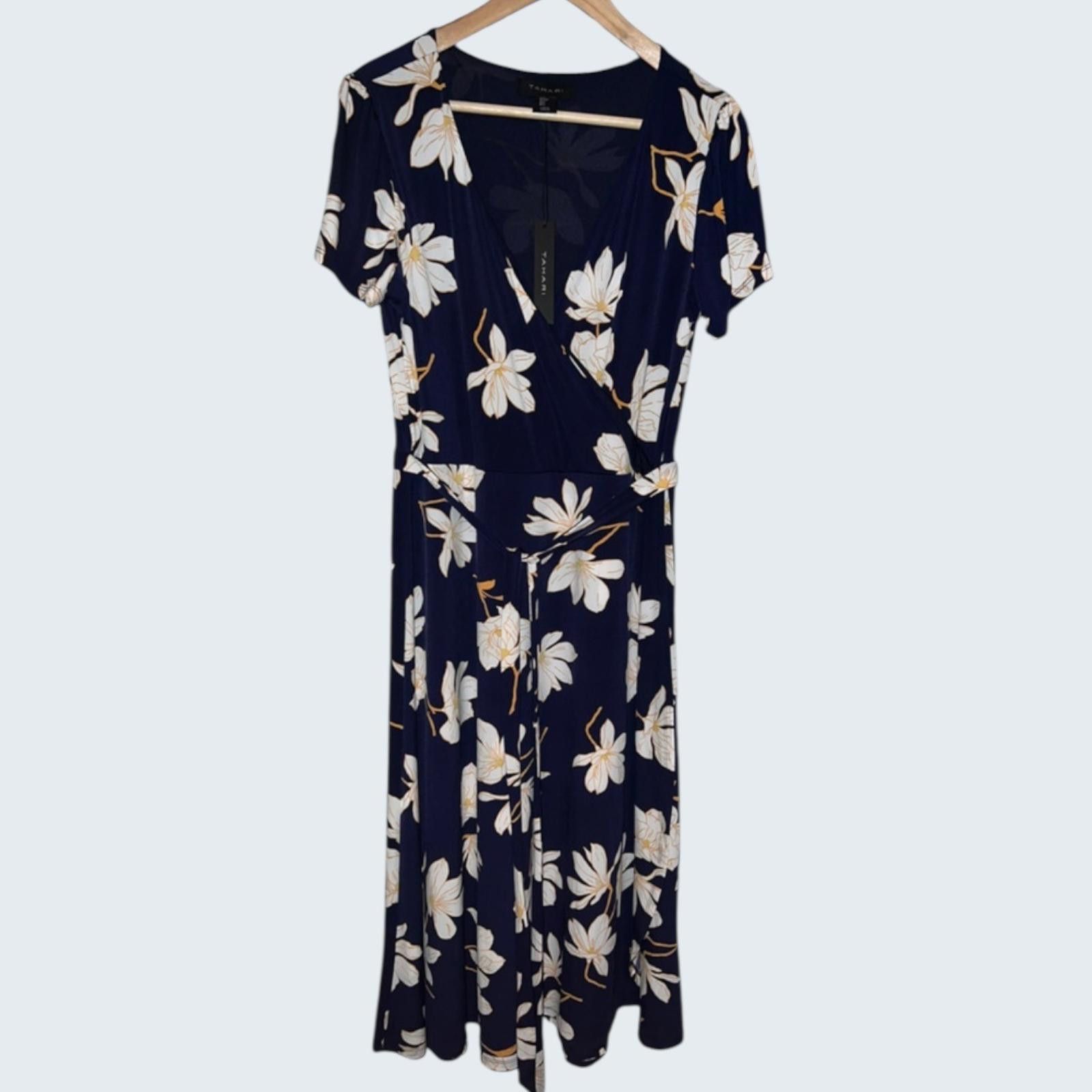 Elie Tahari Tahari Womens Navy Blue Floral Wrap Midi Dress L NWT Size L / US 10 / IT 46 - 1 Thumbnail